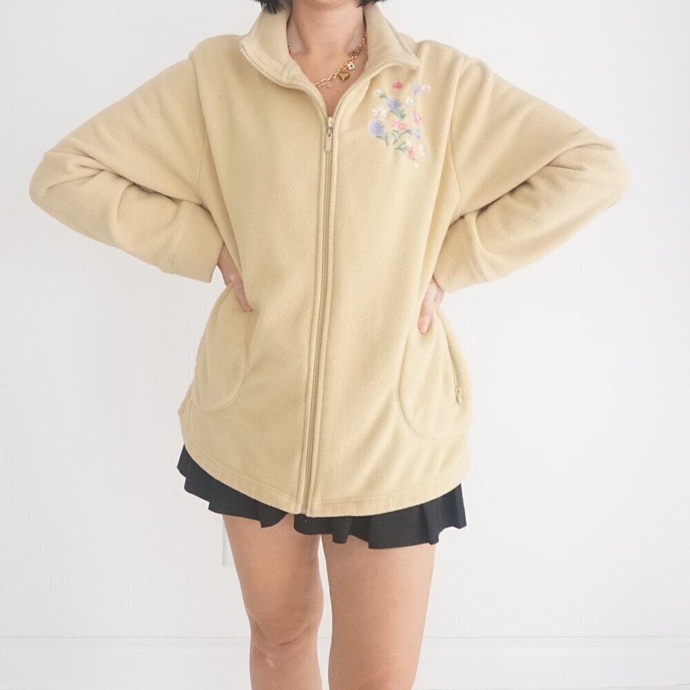 Vintage Penmans Butter Yellow Fleece Embroidered Floral on Chest Zip Sweater Xl